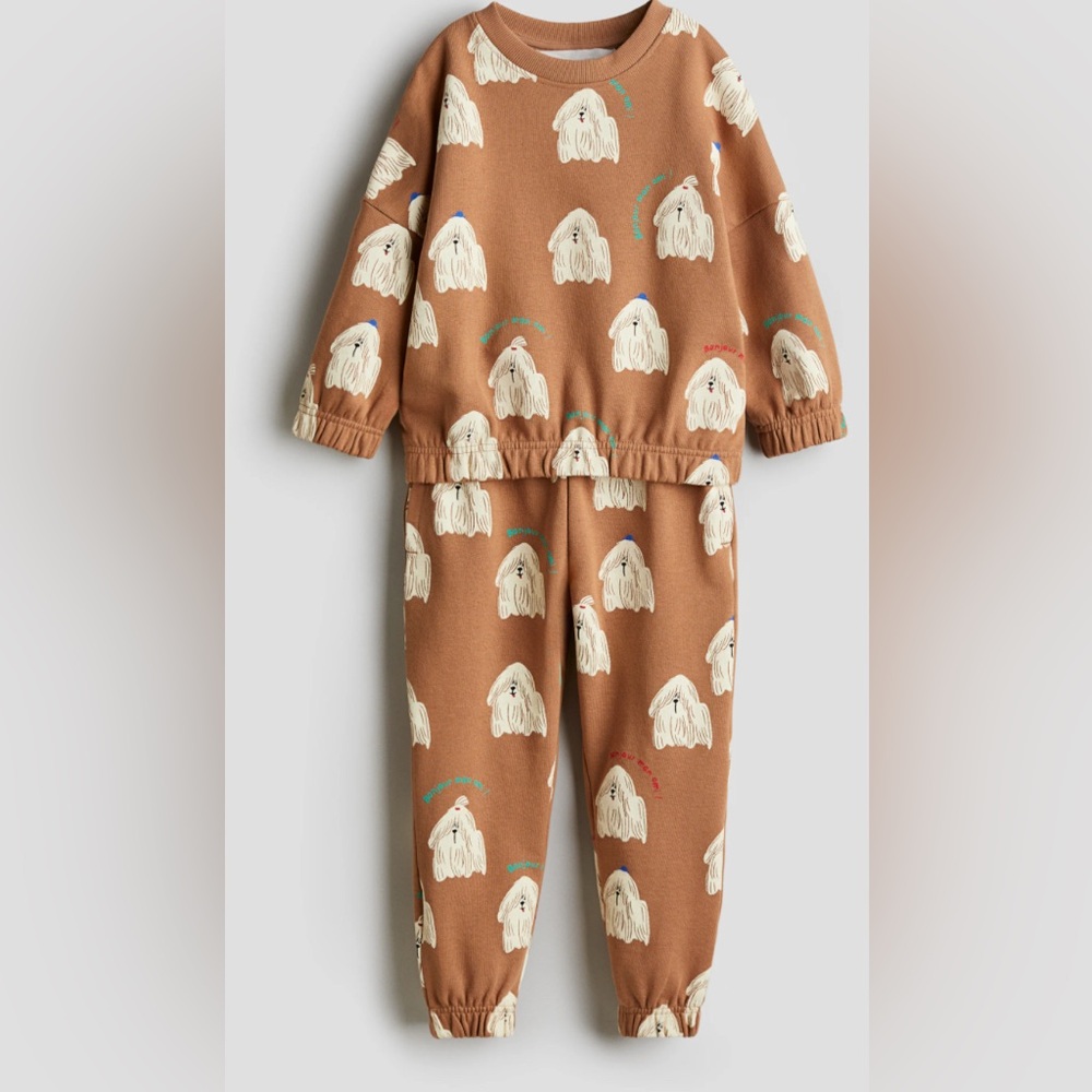 H&M Kids 2 Piece Set in Brown with Cream Dog Print